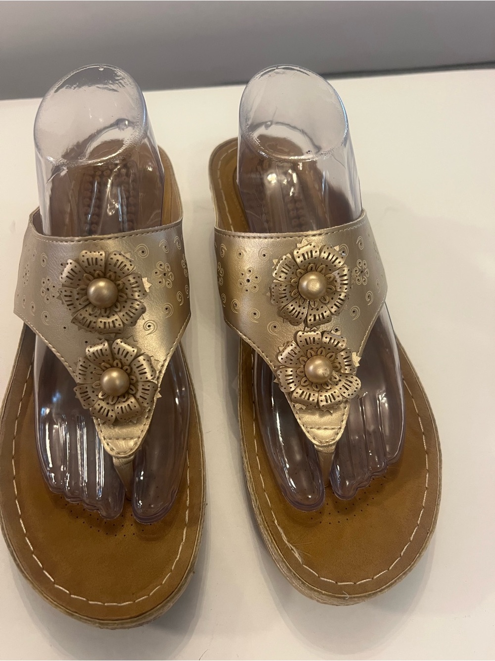 Women’s Gold Floral Toe-Post Sandals with Decorative Accents